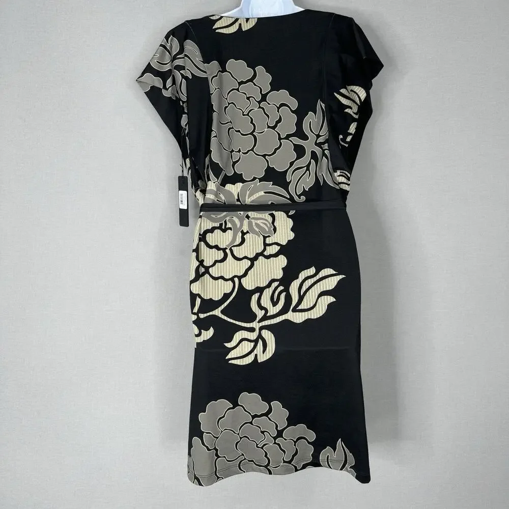 Komarov Womens Dress M Black Floral Jersey Knit Belted Cowl Neck Cocktail Career - Picture 8 of 11